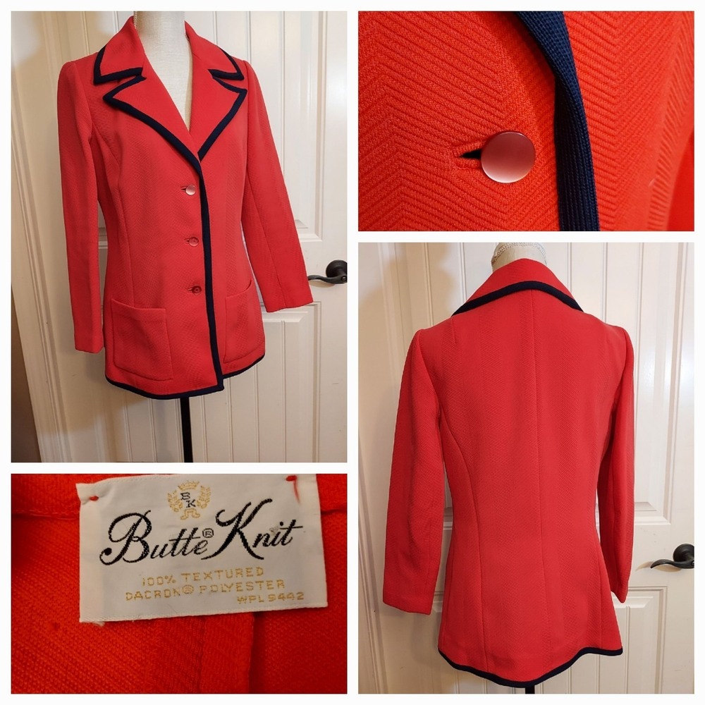 Vintage‎ Butte Knit Poly Top Button Red Blue Retro Pinup